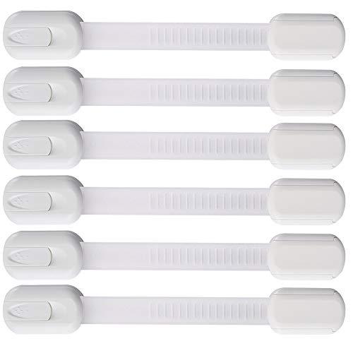 6 Pack Vmaisi Multi-Use Adhesive Straps Locks - Childproofing Baby Proofing Cabinet Latches for Drawers, Fridge, Dishwasher, Toilet Seat, Cupboard, Oven,Trash Can, No Drilling (White) (6)