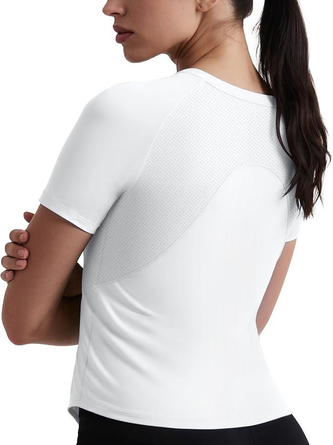 Breathable Workout Tops for Women Lightweight Athletic Short Sleeve Shirts Gym Outdoor Running Back Mesh and Curved Panel (US, Alpha, Large, Regular, White)