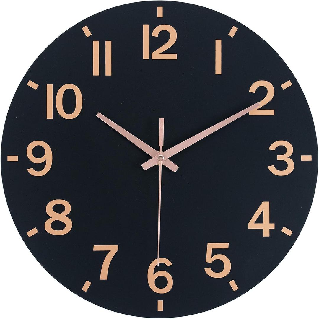 HZDHCLH Wall Clock 8 Inch Silent Non Ticking Wood Battery Operated Black Wooden Modern Wall Clock Sweep Movement Decorative Office Kitchen Home Bathroom Living Room
