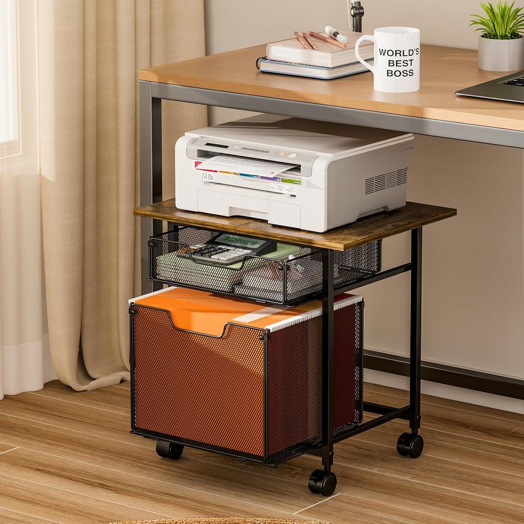 Rolling File Cabinet Cart, Printer Stand with Storage Drawer for Hanging File, Printers Table with Extended Desktop for Home Office, Printers Cabinet Shelf with Wheel for Fax Machine/Scanner