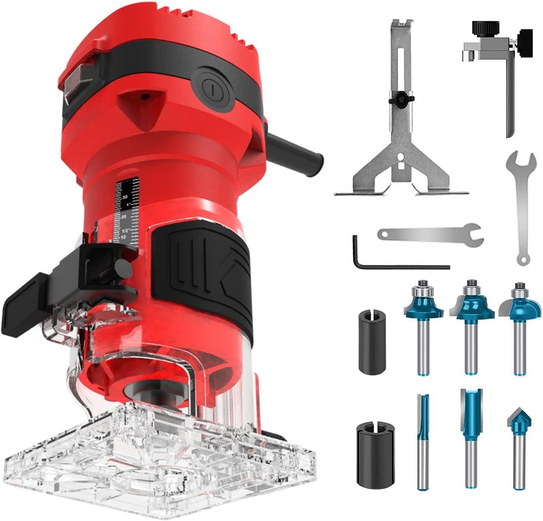 Router Tool, 32000 RPM Compact Palm Wood Routers For Woodworking, Trim Router with 6 Wood Router Bits, 1/4" Collet and 8mm/12.7mm Adapter