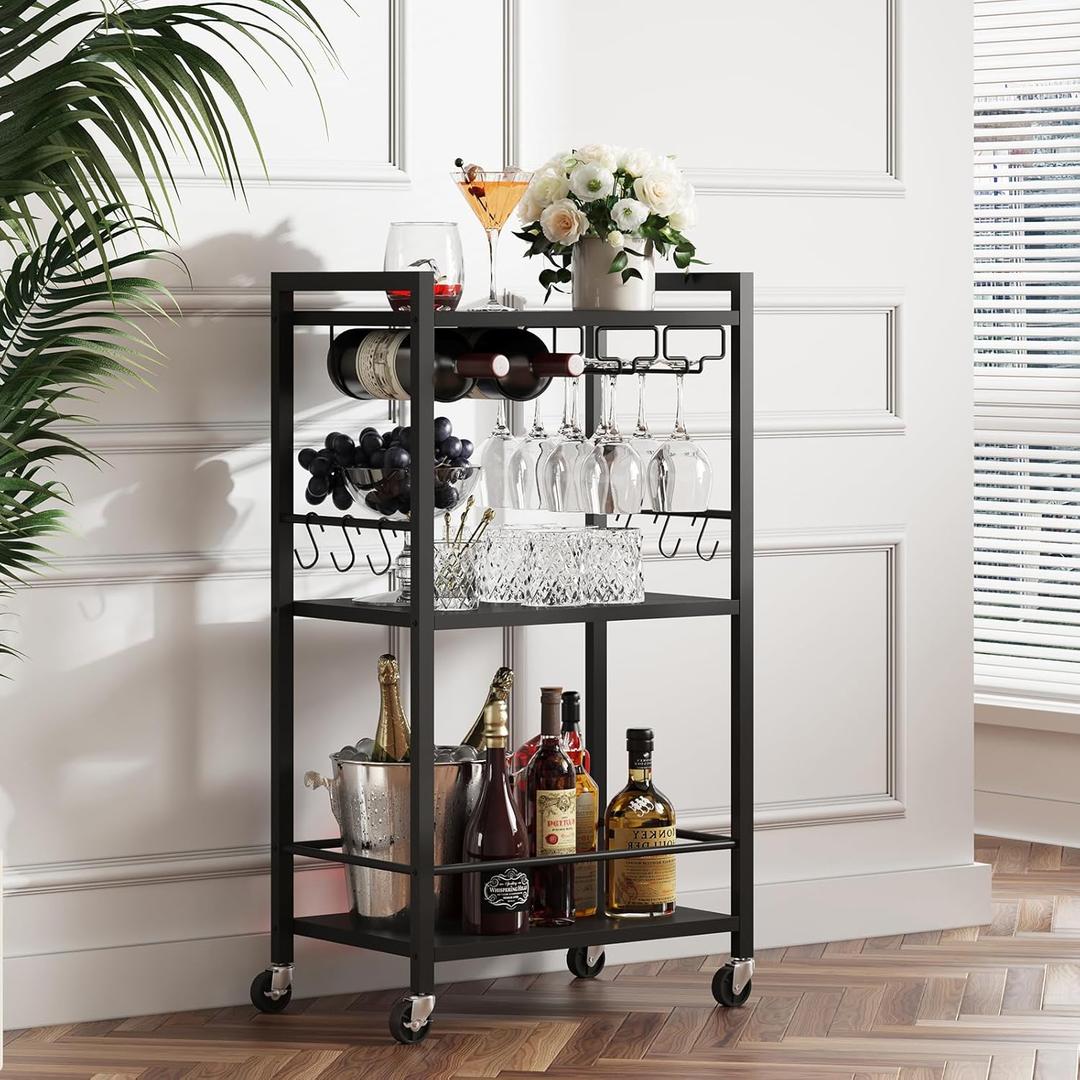 TUTOTAK Bar Cart, Home Bar Serving Cart with 3-Tier Shelf, Drink Cart with Wine Rack, Glass Holder, Rolling bar carts for The Home, Living Room, Brown V1BC01BK035 (Black)