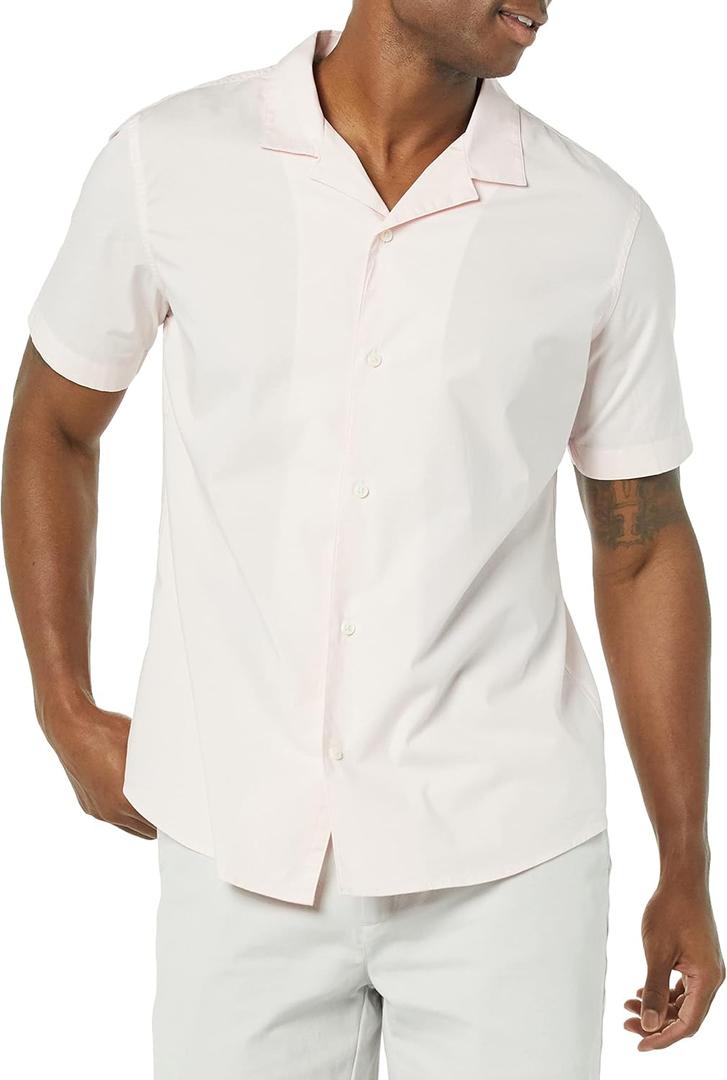 Men's Vacation Cotton Button-Down Short Sleeve Resort Shirt (X-Large, Pink)