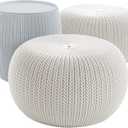 Keter Urban Knit Pouf Ottoman Set of 2 with Storage Table for Patio and Room Dcor - Perfect for Balcony, Deck, and Outdoor Seating, Grey & White, 22.30 x 22.30 x 25.00 Inches
