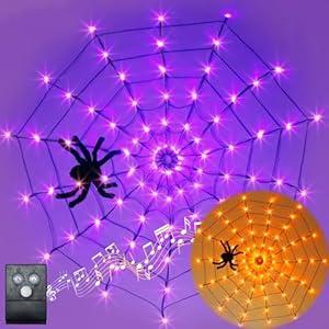 Vanthylit Halloween Decorations, Spider Web Lights Motion-Activated Sensor, 4FT 84LED Light Up Spider Web with Black Spider, Halloween Lights for Window Indoor Outdoor Horror Decor (Orange & Purple)