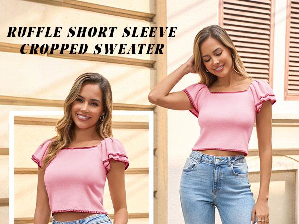 Saodimallsu Women's Square Neck Ruffle Short Sleeve Cropped Sweater (Medium)