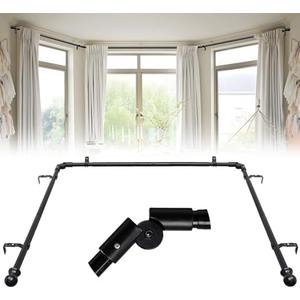 3 PCS Bay Window Curtain Rods 1 Inch Heavy Duty Metal Corner Curtain Rod for Windows 59-184” Adjustable U Shaped Curtain Rod with Decorative End Black
