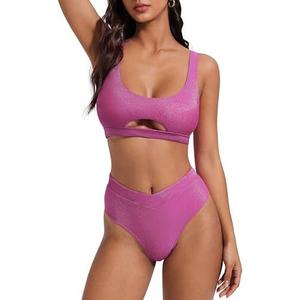 SUUKSESS Women Cutout Color Block Bikini Sets Sexy High Cut 2 Piece Bathing Suit M