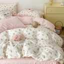 Floral Duvet Cover Set Queen Size,Pink Floral Flowers Bedding Duvet Cover Queen with Zipper Closure,Reversible Comforter Duvet Cover and 2 Pillowcases