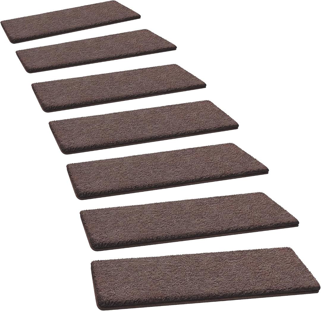 PURE ERA Carpet Stair Treads Ultra Plush 8" X 30" Soft Indoor Stair Protectors Pet-Friendly Non-Slip Skid Resistant Tape Free Washable Reusable(14 Pieces, Dark Brown)