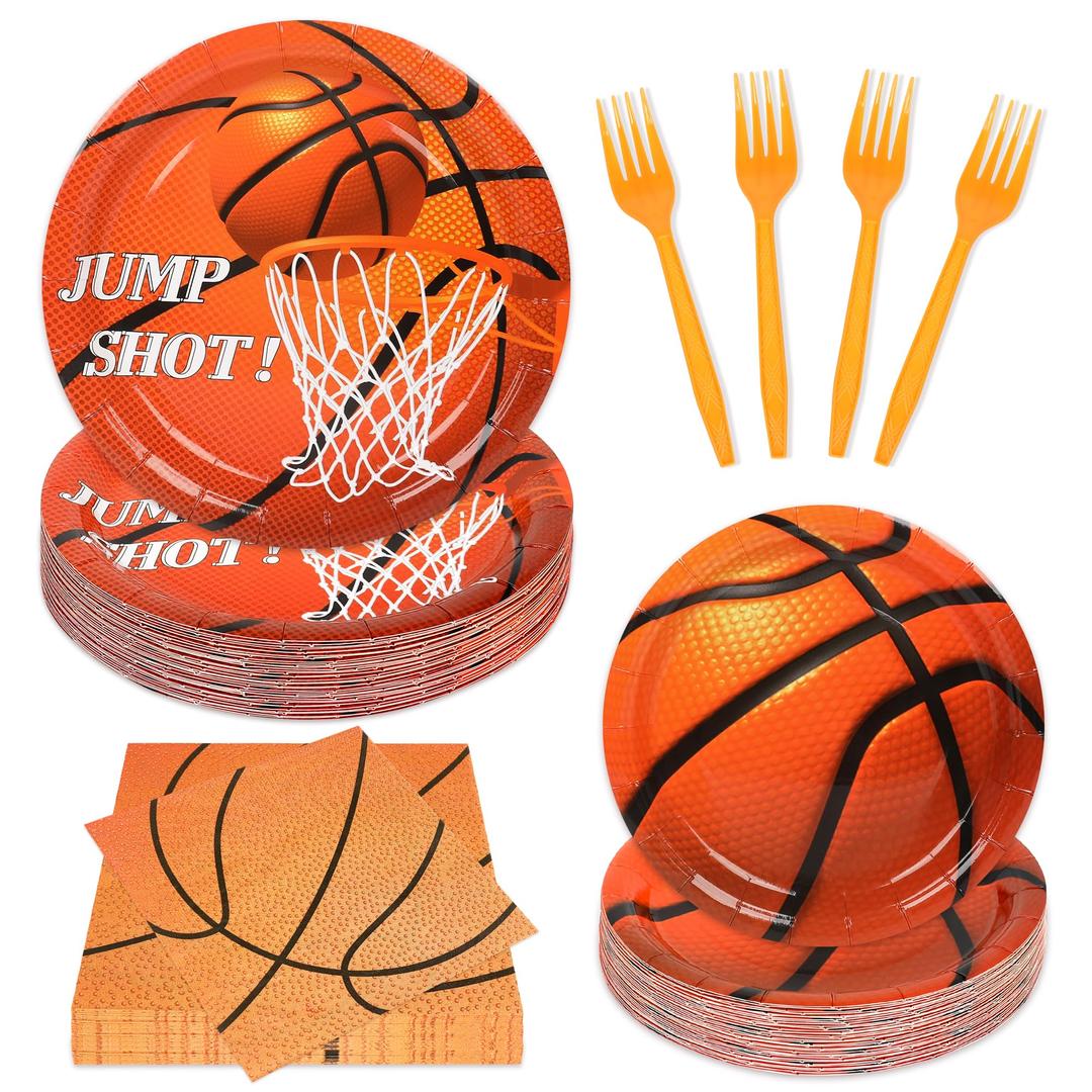 qonimi 100PCS Basketball Paper Plates and Napkins Basketball Birthday Party Supplies Disposable Party Plates Napkins Forks Tableware Set for Boys Kids Birthday Party Decorations Serves 25