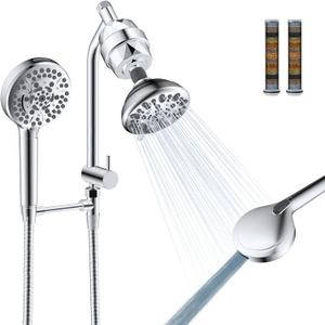 Filtered Shower Heads, All Metal Dual Shower Head with Easy Reach Handheld Spary Combo, 3-Way High Pressure 70 Modes Rainfall Showerhead, 71" Hose, Shower Bracket, 20 Stage Shower Filter, Chrome