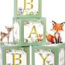 Sage Green Baby Boxes with Letters for Baby Shower, 4pcs Safari Jungle Print Baby Shower Decorations for Balloon Boxes Gender Reveal Baby Blocks BabyShower for Birthday Party Favors