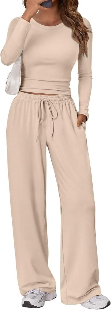 Trendy Queen Women's 2 Piece Matching Lounge Set Long Sleeve Side Ruching Top Wide Leg Drawstring Pants Set with Pockets (Large, Almond)