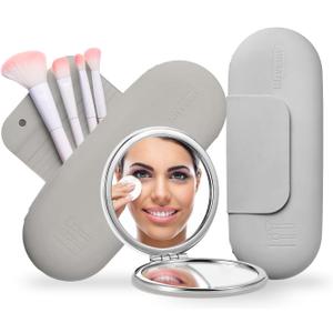 Travel Makeup Brush Holder & Pocket Mirror, Silicone Makeup Brush Organizer, Dirt-Resistant Easy to Clean Makeup Brush Bag with Anti-Fall Out Magnetic Closure (Ivory)