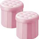 Bsketa Ottoman with Storage, Foot Rest Stool with Thicker Foam Padded Seat Velvet Small Round 14“ x 14” x 13 "Inchs Storage Ottoman Bench for Living Room Foldable Pouf Coffee Table 2 Pack, Pink