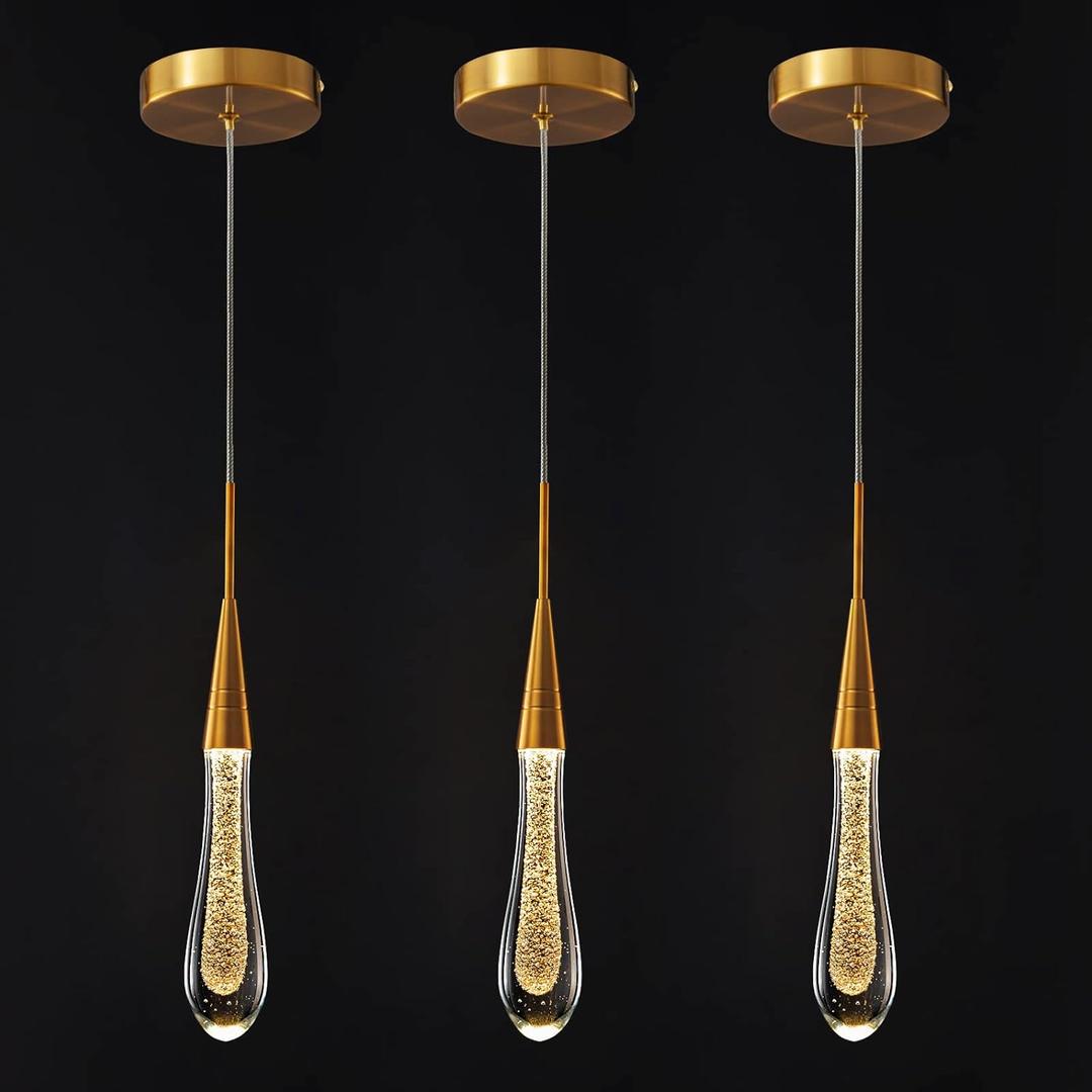 LMQNINE Kitchen Light Fixtures Ceiling Dimmable LED Modern Gold Pendant Light Mini Teardrop Crystal Pendant Light for Kitchen Island Bedroom Hallway Entryway (3-Pack)
