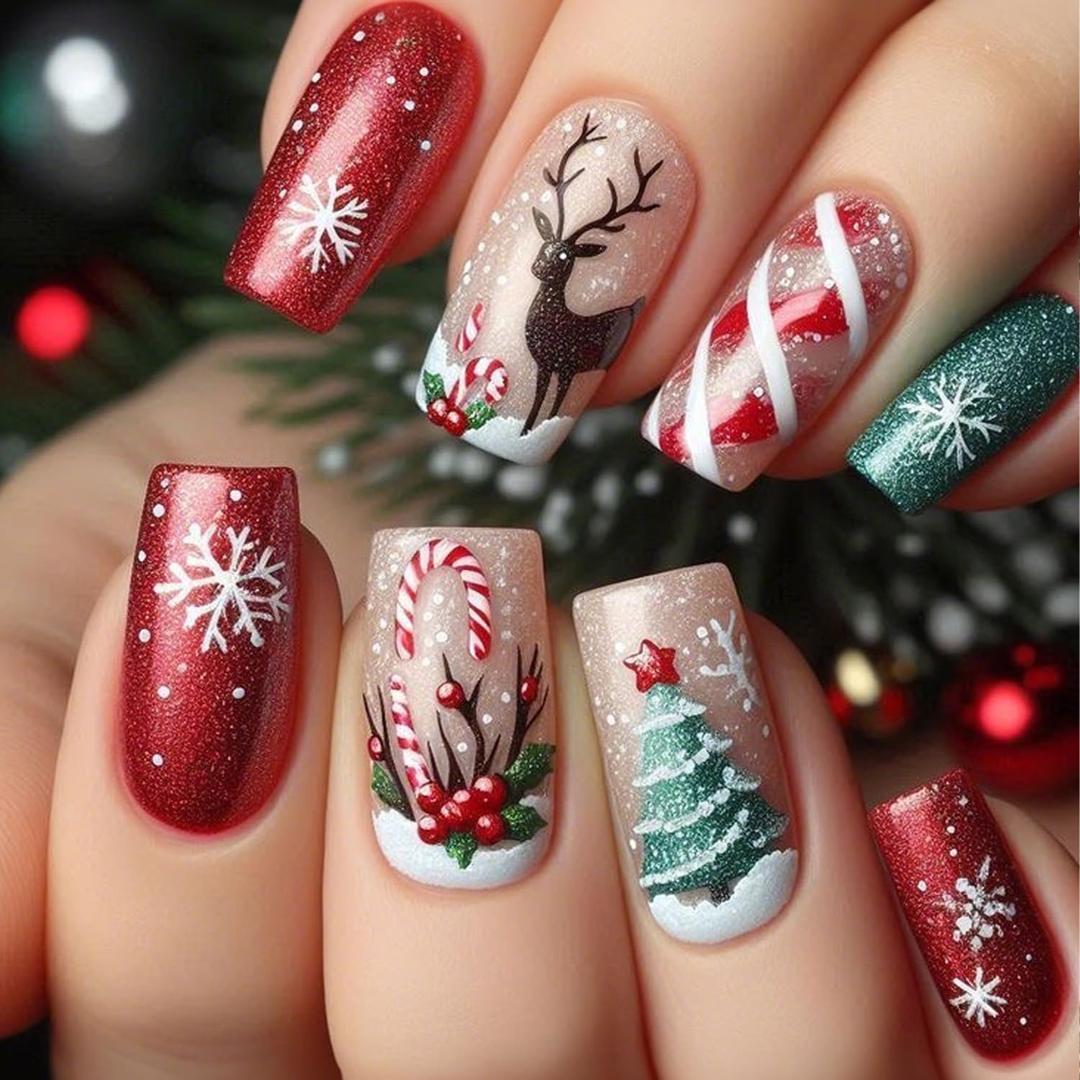 Christmas Press On Nails Medium Square Fake Nails Red Green Acrylic Nail Press Ons With Elk Snowflake Designs Xmas Tree False Nails Winter Glue On Nails Glossy Stick On Nail For Women