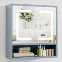Bathroom Medicine Cabinet with Mirror, Lighted Storage Cabinet Wall Mounted with Doors & Adjustable Wood Shelf, Modern Bathroom Mirror with LED Lights Defogger for Makeup Laundry/Living Room, Grey
