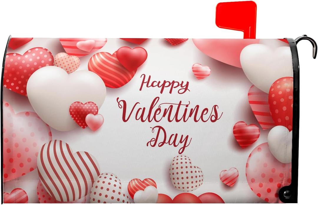 Happy Valentine's Day Mailbox Covers Magnetic Standard Size 18" X 21",Striped Polka Dot Red and White Love Heart Mailbox Wraps Post Letter Box Cover for Holiday Garden Yard Decor