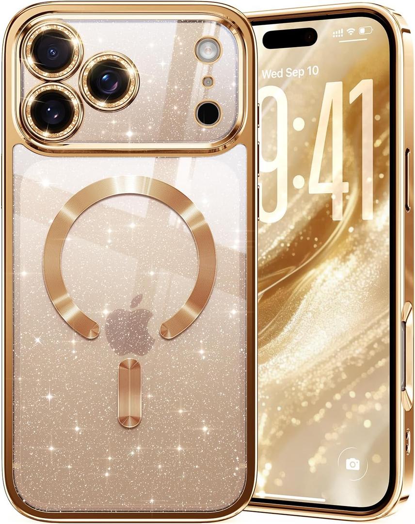 Glitter for iPhone 17 Pro Max Case with Eye-catching Integrated Lens Protection, [Sparkly Bling Back Panel] [Seamless Work with Magsafe] Cute Women Girly Case for iPhone 17 Pro Max Desert Titanium