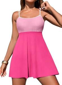 Aleumdr Women's Ribbed One Piece Skirt Swimsuit Swimming Dress Tummy Control Color Block Prited Bathing Suit with Pockets Color Block Pink Block Small