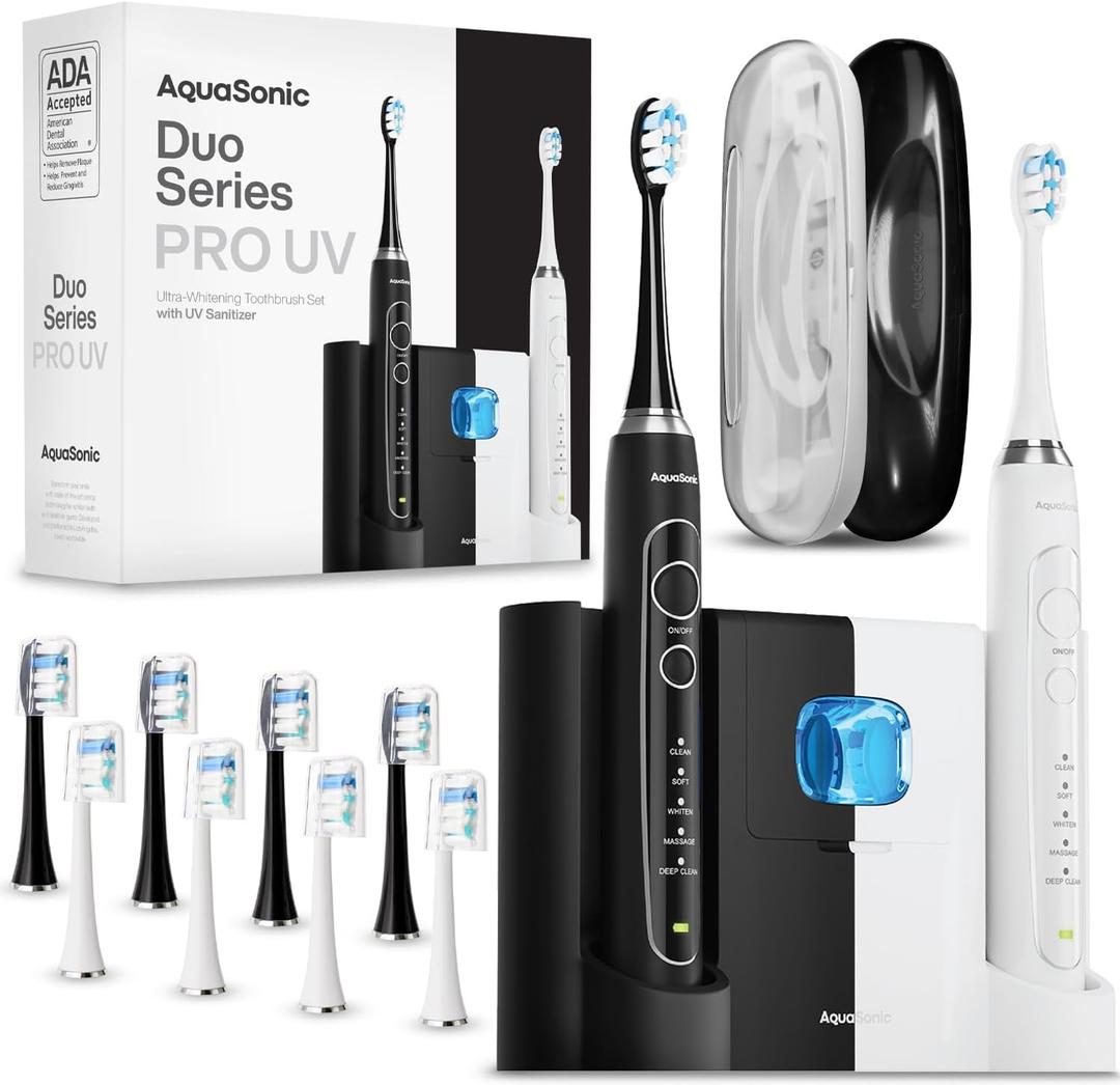 Aquasonic Duo PRO  Ultra Whitening 40,000 VPM Electric ToothBrushes  ADA Accepted - 5 Modes with Smart Timers - UV Sanitizing & Wireless Charging Base - 10 Proflex Brush Heads & 2 Travel Cases