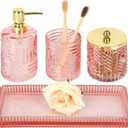 Bathroom Accessories Set,4 Pcs Pink Glass Bathroom Accessories Sets Complete with Lotion Soap Dispenser,Toothbrush Holder,Qtip Holder Dispenser and Vanity Tray,Bathroom Countertop Vanity Organizer