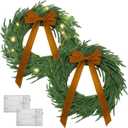 Daifunli 2 Pack 20 Inch Light up Christmas Norfolk Pine Wreaths with Khaki Bows Artificial Realistic Green Wreath with Pre-lit LED for Front Door Wall Mantle Outdoor Xmas Windows Porch Decor