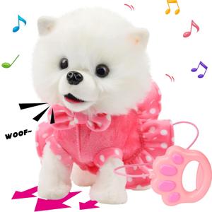 Hopearl Walking Pomeranian Interactive Electronic Pet Dog Toy Remote Control Leash Animated Puppy Nodding Barking Wagging Tail Gifts for Toddlers Birthday, White, 10''