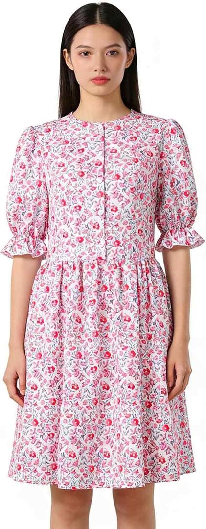 Christmas Pink Floral Dress Costume Women's Cosplay Party Lady Outfit Classical Movies Short Sleeve Fancy Dress Suit (XL)