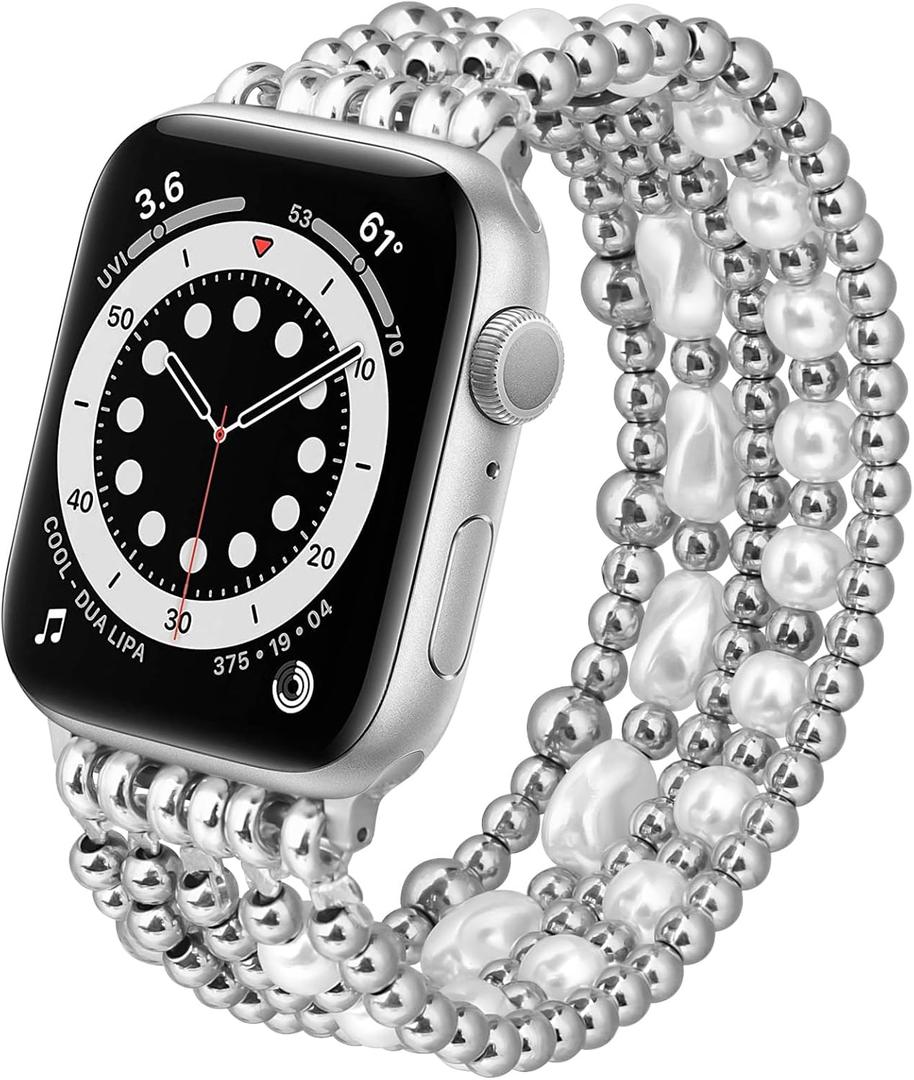 Beaded Bracelet Compatible with Apple Watch Band 41mm 40mm 38mm 42(Series10) Women, Stainless Steel Gold & Silver Beads, Cute Handmade Elastic Stretch Strap for iWatch Series SE 10 9 8 7 6 5 4 3 2 1