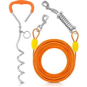 Petbobi Dog Tie-Out Cable and Stake - 30ft Heavy Duty Cable with Spring, No Tangle, 16in Ground Stake, Ideal for Yard, Camping and Beach, Suitable for Small Medium Large Dogs Up to 120 lbs, Orange