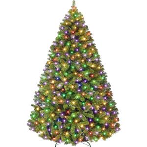 6FT Prelit Fluffy Noble Fir Artificial Christmas Tree with 500 Multicolor Lights& 9 Modes, Hinged Branches& 1400 Tips, Artificial Christmas Tree Includes Stand with Foot Switch for Holiday Home Decor (Natural Green)