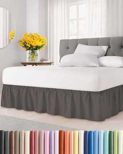 Wrap Around Dust Ruffle Bed Skirt - Dark Grey - for Queen Size Beds w/ 16 Inch Drop - Easy Fit Elastic Strap - Adjustable Pleated Bedskirt with Brushed Fabric, Wrinkle Free Women, Men, Kids and Teens