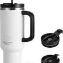 Stainless Steel 40 Oz Tumbler with Handle and Straw | Vacuum Insulated | Triple Function Leak Proof Lid | Water Bottle Travel Mug | Gifts for Women Men Him Her | White