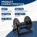 Lounsweer Black Pressure Washer Hose Reel 3/8" x 300' Steel Manual Crank with Flat Sidewalls, A-frame, Pin Lock and Brake and Stainless Steel Swivel Inlet, 5000 Psi Capacity