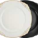 Okllen 12 Pack Plastic Round Charger Plates, 13" Dinner Charger Dessert Plates with Gold Rim, Vintage Charger Serving Plates for Catering, Wedding, Tabletop Decor, White, Floral Trim