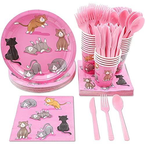 Sustainable Greetings Cat Birthday Party Supplies, Paper Plates, Napkins, Cups and Plastic Cutlery (Serves 24, 144 Pieces) - Cat Birthday Decorations - Kitten Party Decorations