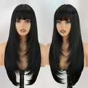 Black Long Straight Layered Wig with Bangs for Women 26 inch Put on Go Realistic Synthetic Heat Resistant Natural Wig for Girls Party Cosplay and Daily Use