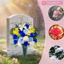 Artificial Cemetery Flowers with Vase for Grave Decoration - Headstones Memorial Flowers Bouquet- Blue Rose White Lily Carnation Yellow Hyacinth
