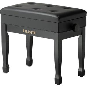 Adjustable Height Piano Bench Stool PU Leather Cushion Wooden Keyboard Seat with Music Storage (Black)
