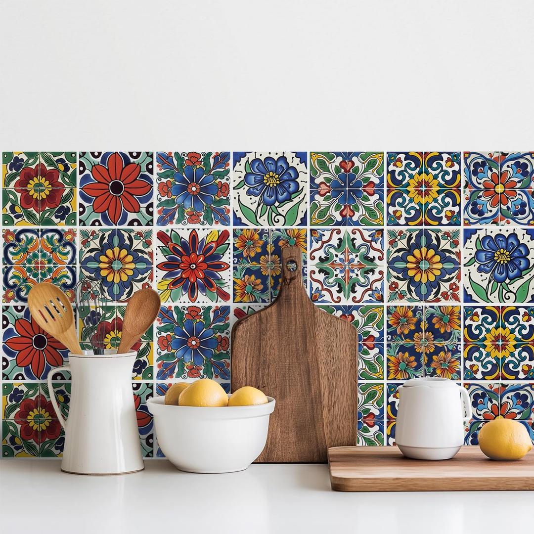 30 Pcs Mediterranean Style Peel and Stick Wall Tile Decals - Waterproof Vinyl Stickers for Kitchen Backsplash, Bathroom, Stair Riser Decor - Spanish Floral Pattern - 4x4 Inch