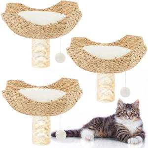 Dansydaisy 3 Set 18" Cat Tree Tower Replacement Parts Add ons Accessories Set Wicker Basket Beds Rattan Cat Tree Handwoven Rope Nest Bowl Screws Bottom Plate with Furry Balls and Soft Cushion