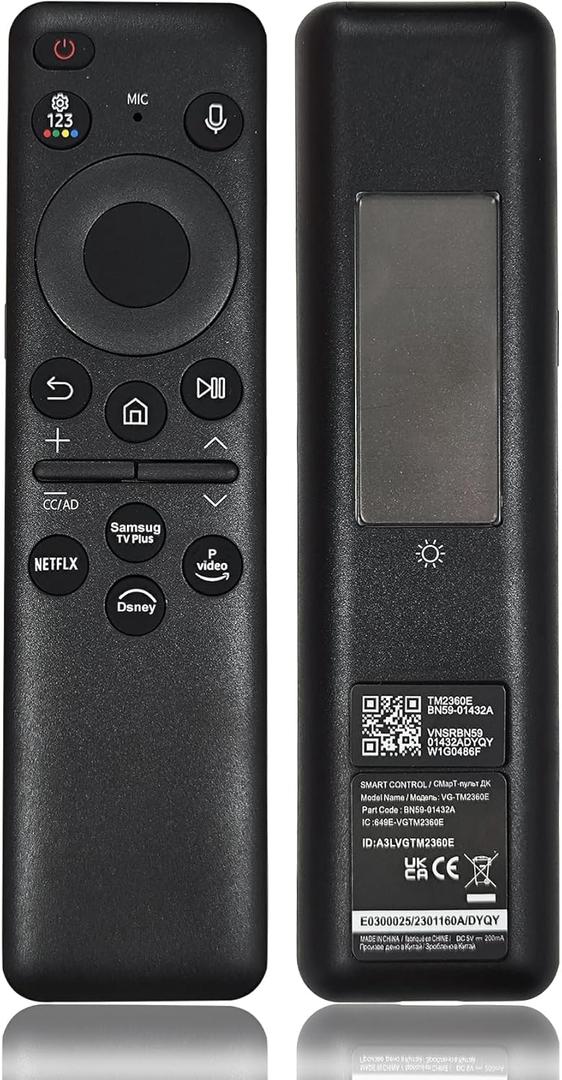 BN59-01432A TM2360E Solar Voice Remote Compatible with Samsung Neo QLED 8K HDR Smart TVs, Fit for Frame Crystal UHD Smart TV, with Bluetooth Rechargeable Solar Cell, 2023 Model Black, BN59-01432D