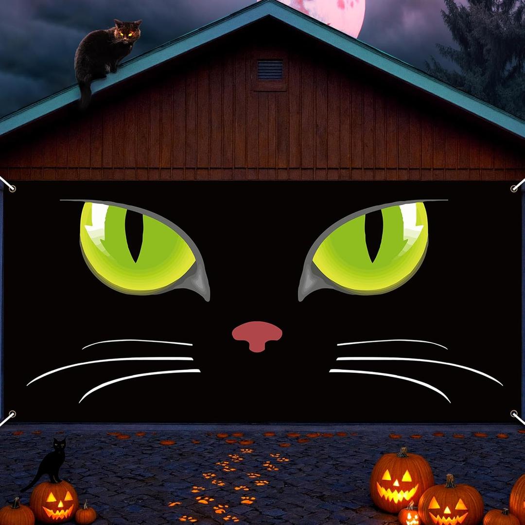 6 X 13Ft Mardi Gras Garage Door Decorations Black Cat Banner Cover Horror Green Cat Eyes Photography Background for Home Outdoor Indoor Party Banner Supplies Happy Mardi Gras Photo Booth