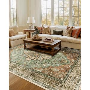 RELEANY Area Rugs 7'x9' Washable Non-Slip, Floral Vintage Distress Print Pattern Medallion Carpet for Living Room Bedroom Dining Room, Brick Red Rust Neutral Brown Burnt Orange Green