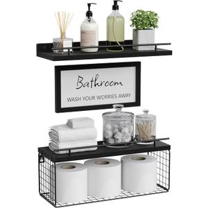 WOPITUES Floating Shelves for Wall Decor Sign, Bathroom Organizers and Storage, Bathroom Shelves Over Toilet with Metal Guardrail, Black