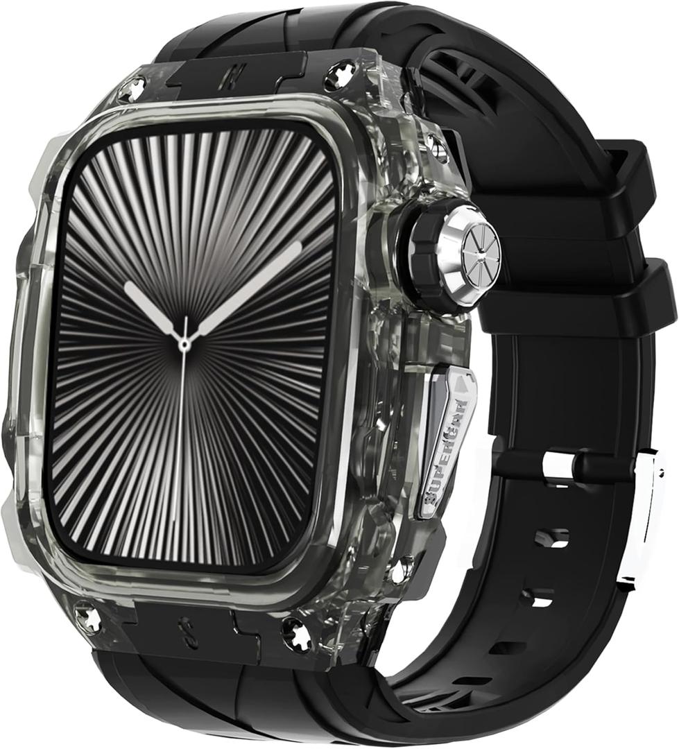 Luxury Translucent Smartwatch Case for Apple Watch Series 10 46mm, Fully Wrapped Lightweight Rugged case with Band, Silicon Strap, Stainless Steel Buttons, Protective Cover for Men/Women (Black)