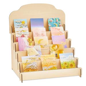 Barydat Large Greeting Card Display Stand Tiered Wooden Display Stand for Postcard Brochure Photos Sticker Holder for Vendors, Counter Retail(15.8 x 13 x 17.7 Inch,Beige)